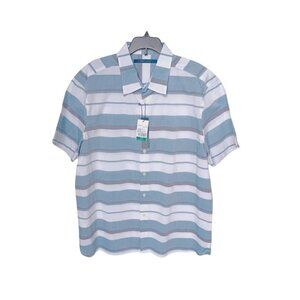 ⭐Perry Ellis L Men Shirt White Striped Collar short sleeve cotton White Blue NEW